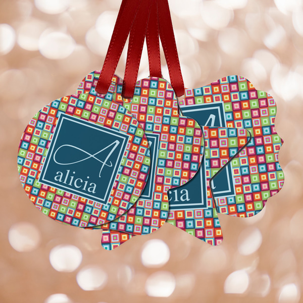 Custom Retro Squares Metal Ornaments - Double Sided w/ Name and Initial