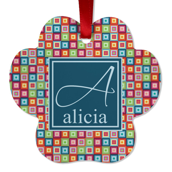 Custom Retro Squares Metal Paw Ornament - Double Sided w/ Name and Initial