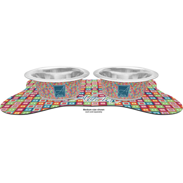 Retro Squares Metal Pet Bowls - On Dog Bone Shaped Mat