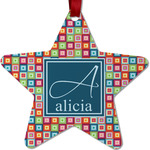Retro Squares Metal Star Ornament - Double Sided w/ Name and Initial