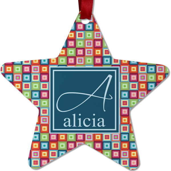 Custom Retro Squares Metal Star Ornament - Double Sided w/ Name and Initial