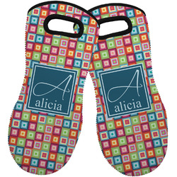 Retro Squares Neoprene Oven Mitts - Set of 2 w/ Name and Initial