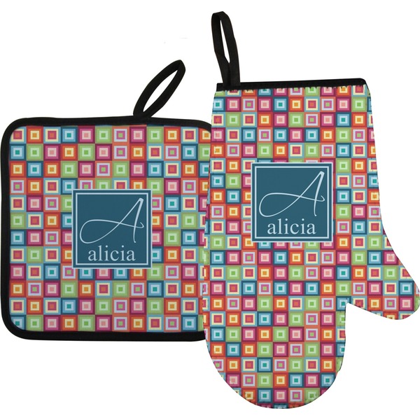 Custom Retro Squares Oven Mitt & Pot Holder Set w/ Name and Initial