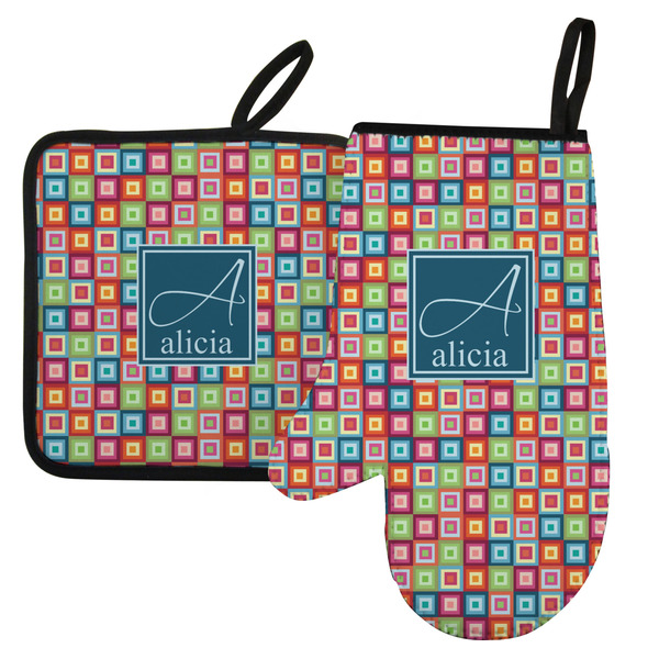 Custom Retro Squares Left Oven Mitt & Pot Holder Set w/ Name and Initial