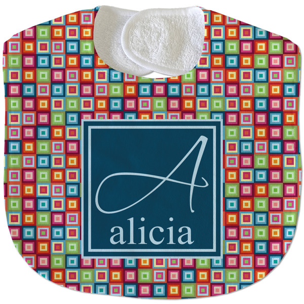 Custom Retro Squares Velour Baby Bib w/ Name and Initial