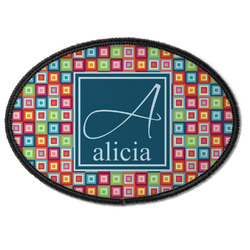 Retro Squares Iron On Oval Patch w/ Name and Initial