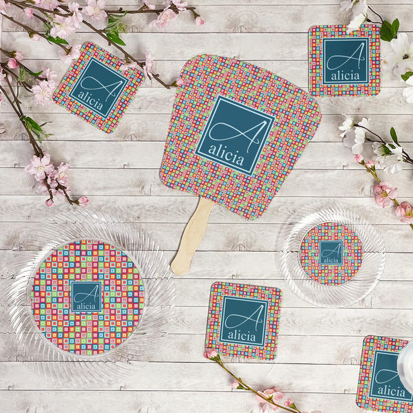 Retro Squares Party Supplies Combination Image - All items - Plates, Coasters, Fans