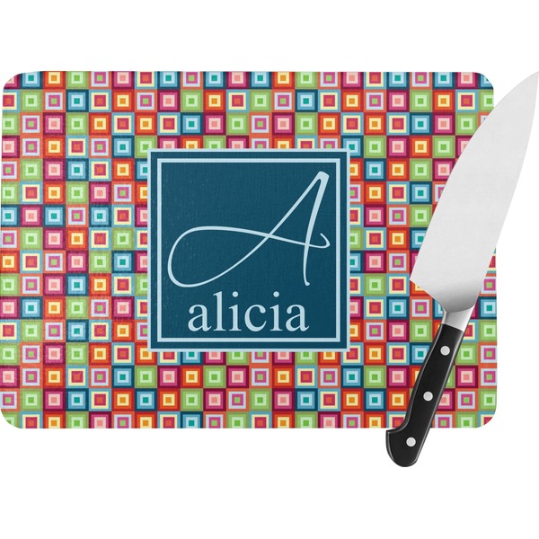 Custom Retro Squares Rectangular Glass Cutting Board - Large - 15.25"x11.25" w/ Name and Initial