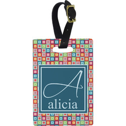 Retro Squares Plastic Luggage Tag - Rectangular w/ Name and Initial