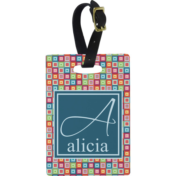 Custom Retro Squares Plastic Luggage Tag - Rectangular w/ Name and Initial