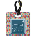 Retro Squares Plastic Luggage Tag - Square w/ Name and Initial
