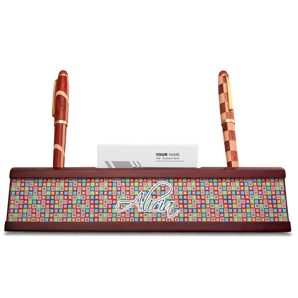 Retro Squares Red Mahogany Nameplates with Business Card Holder - Straight