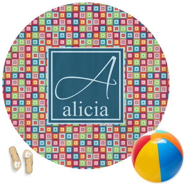 Custom Retro Squares Round Beach Towel (Personalized)