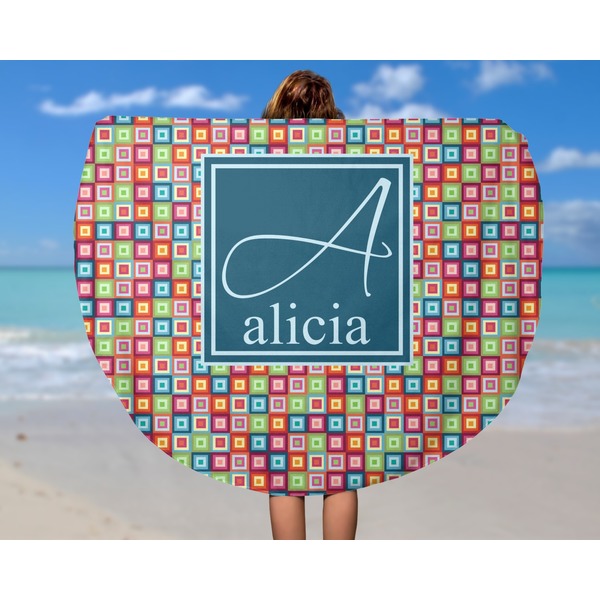 Retro Squares Round Beach Towel - In Use