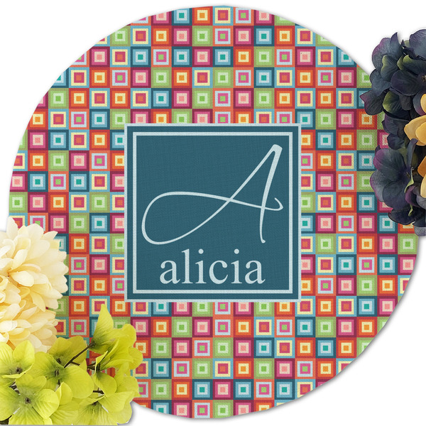 Retro Squares Round Linen Placemats - Front (w flowers)