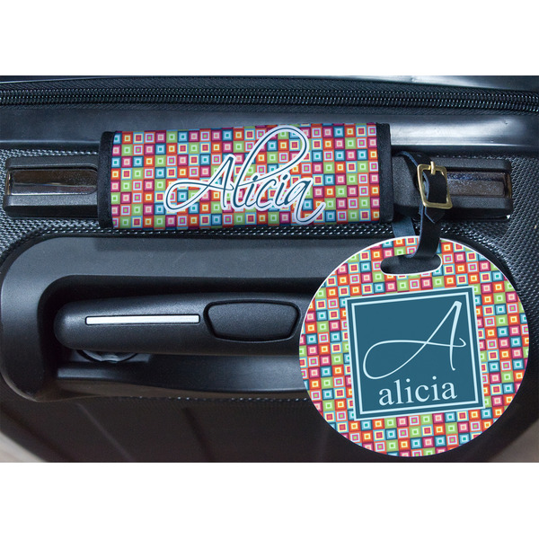 Retro Squares Round Luggage Tag & Handle Wrap - In Context