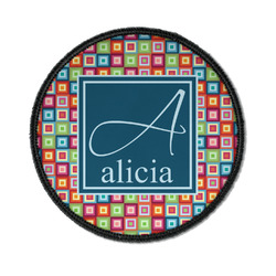 Retro Squares Iron On Round Patch w/ Name and Initial