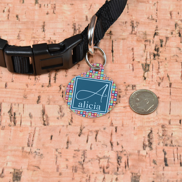 Retro Squares Round Pet ID Tag - Small - In Context
