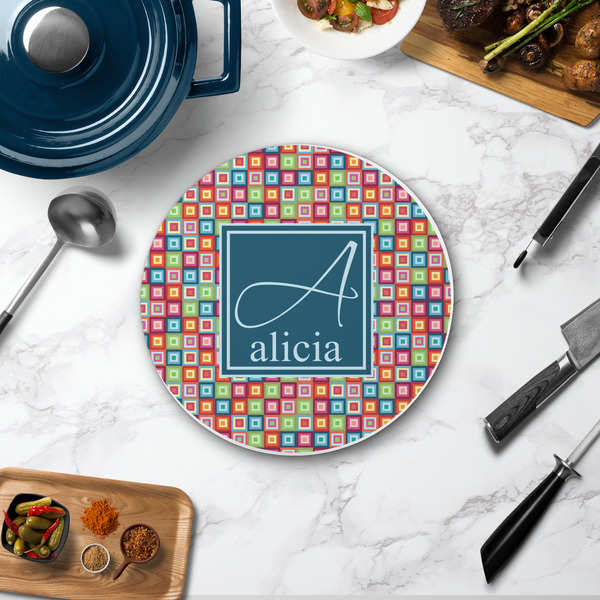 Retro Squares Round Stone Trivet - In Context View