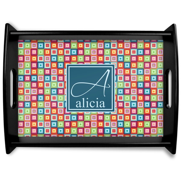 Custom Retro Squares Black Wooden Tray - Large (Personalized)