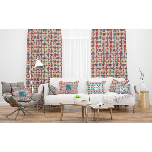 Retro Squares Sheer and Custom Curtains in Room with Matching Pillows