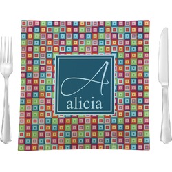 Retro Squares 9.5" Glass Square Lunch / Dinner Plate- Single or Set of 4 (Personalized)