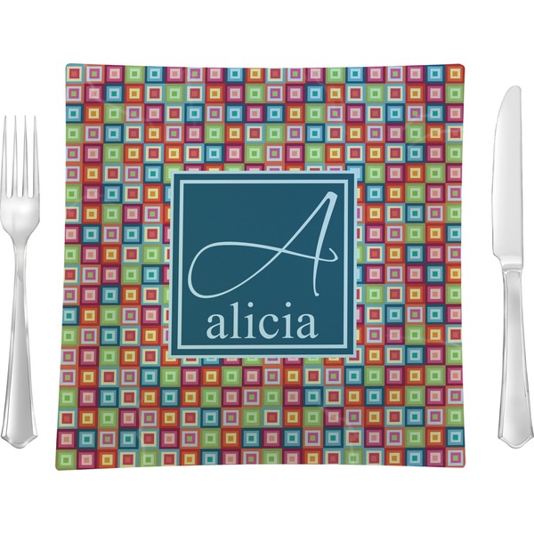 Custom Retro Squares 9.5" Glass Square Lunch / Dinner Plate- Single or Set of 4 (Personalized)