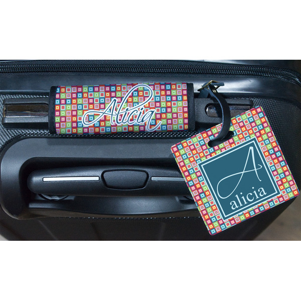 Retro Squares Square Luggage Tag & Handle Wrap - In Context