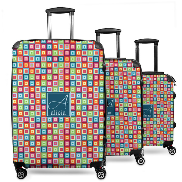 Custom Retro Squares 3 Piece Luggage Set - 20" Carry On, 24" Medium Checked, 28" Large Checked (Personalized)
