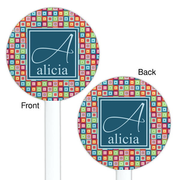 Retro Squares White Plastic 5.5" Stir Stick - Double Sided - Round - Front & Back