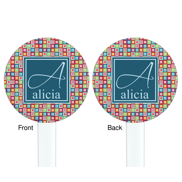 Retro Squares White Plastic 7" Stir Stick - Double Sided - Round - Front & Back