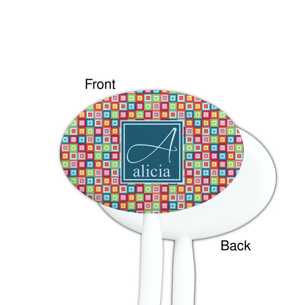 Retro Squares White Plastic 7" Stir Stick - Single Sided - Oval - Front & Back