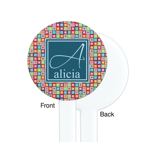 Retro Squares White Plastic 7" Stir Stick - Single Sided - Round - Front & Back