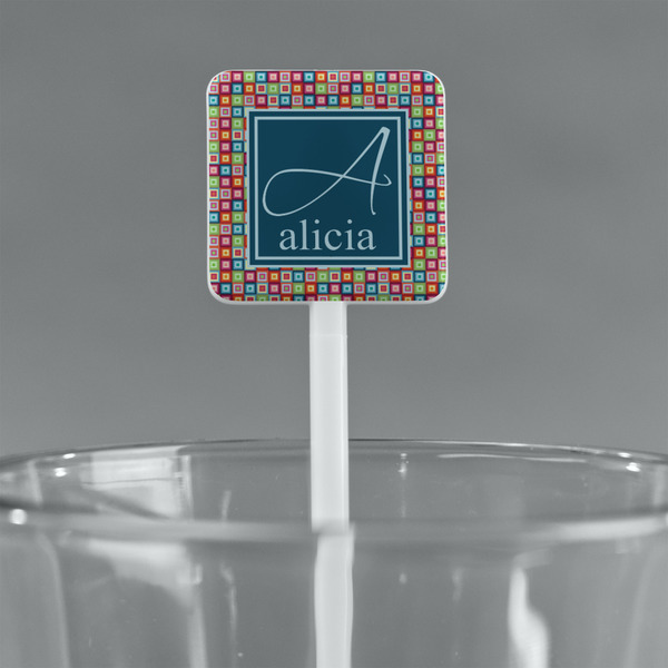Retro Squares White Plastic Stir Stick - Square - Main