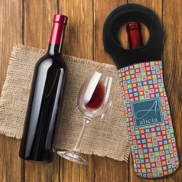 Retro Squares Wine Tote Bag - FLATLAY