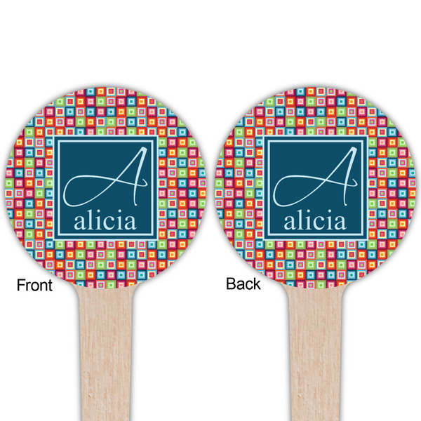 Retro Squares Wooden 4" Food Pick - Round - Double Sided - Front & Back