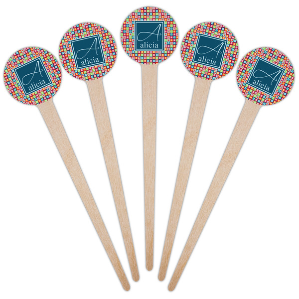 Retro Squares Wooden 4" Food Pick - Round - Fan View