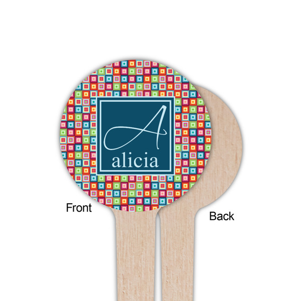 Retro Squares Wooden 4" Food Pick - Round - Single Sided - Front & Back