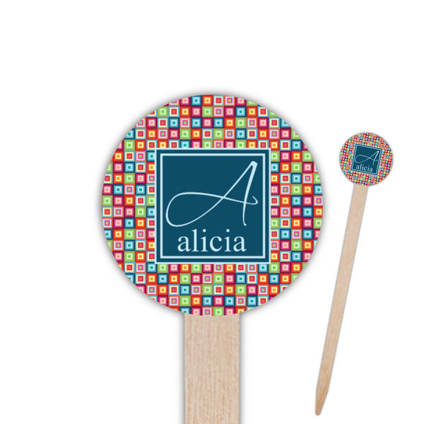 Custom Retro Squares Round Wooden Food Picks (Personalized)