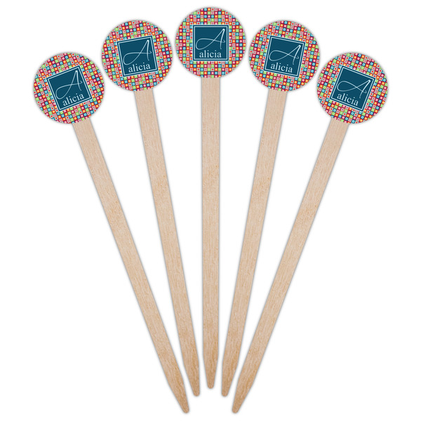 Retro Squares Wooden 6" Food Pick - Round - Fan View