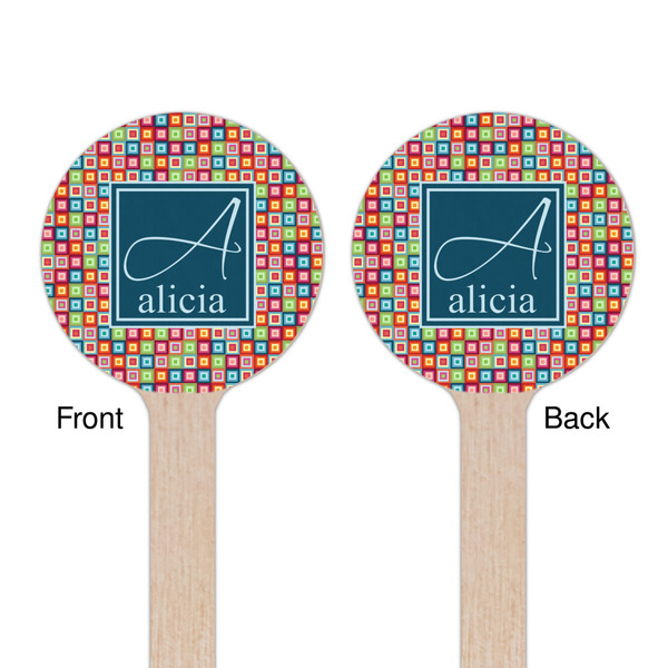Retro Squares Wooden 7.5" Stir Stick - Round - Double Sided - Front & Back