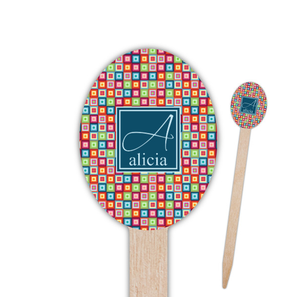 Custom Retro Squares Oval Wooden Food Picks - Single Sided (Personalized)