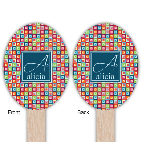 Retro Squares Wooden Food Pick - Oval - Double Sided - Front & Back