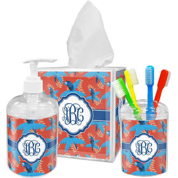 Custom Blue Parrot Acrylic Bathroom Accessories Set w/ Monogram