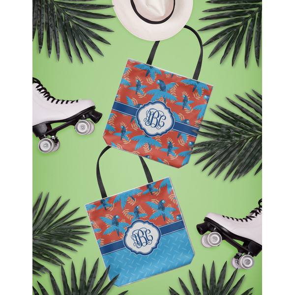 Blue Parrot Canvas Tote Lifestyle Front and Back- 13x13