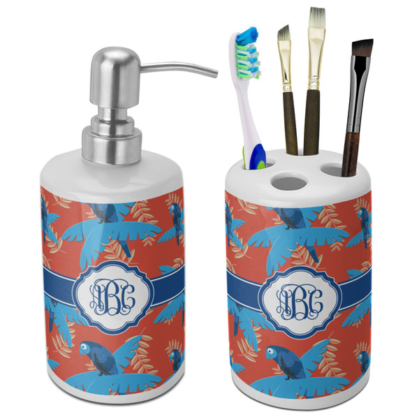 Custom Blue Parrot Ceramic Bathroom Accessories Set (Personalized)