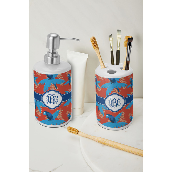 Blue Parrot Ceramic Bathroom Accessories - LIFESTYLE (toothbrush holder & soap dispenser)