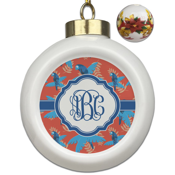 Custom Blue Parrot Ceramic Ball Ornaments - Poinsettia Garland (Personalized)