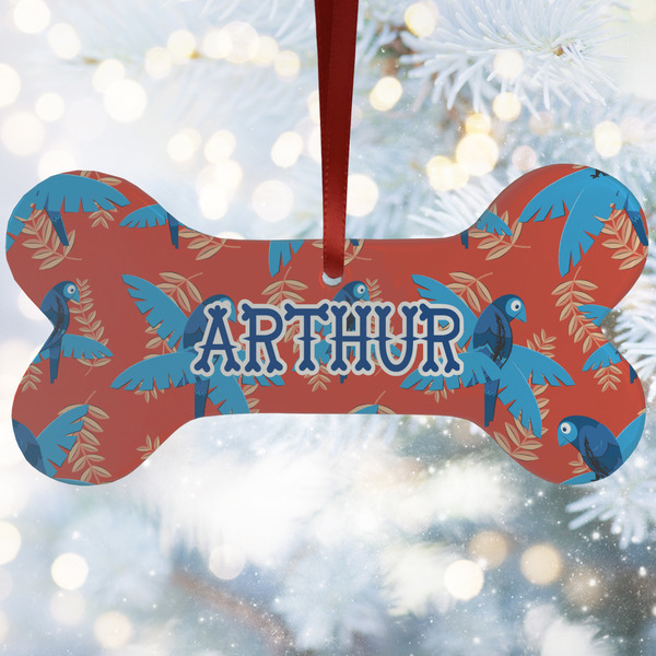Custom Blue Parrot Ceramic Dog Ornament w/ Monograms
