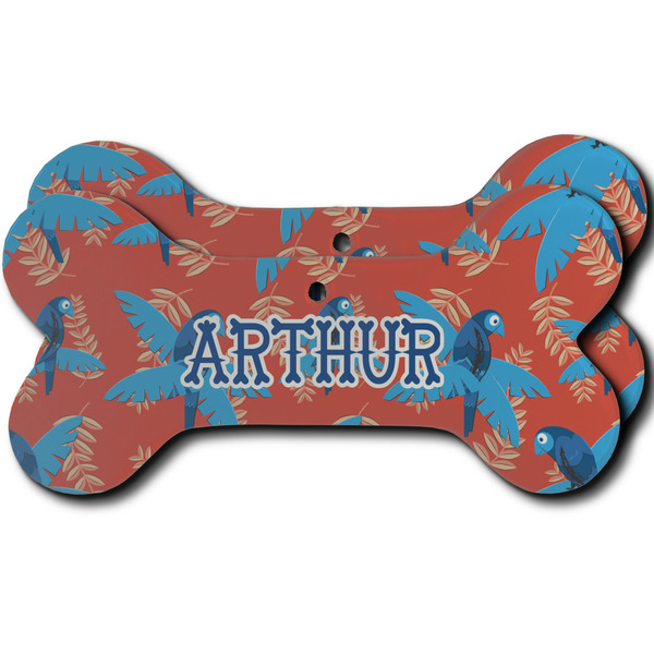 Custom Blue Parrot Ceramic Dog Ornament - Front & Back w/ Monogram